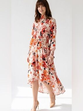 Nanette Lepore Long Sleeve High-Low Smocked Mockneck Floral Pink Dress Size 6